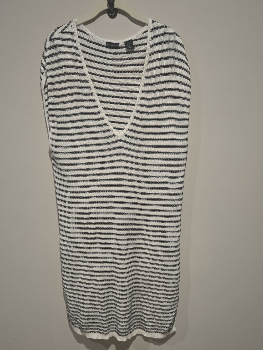 Tahari Striped V-Neck Knit Dress Or Cover Up in White and Black